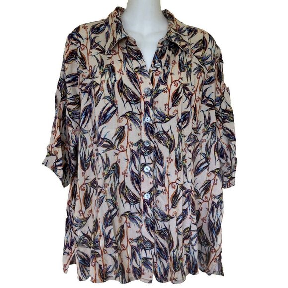 Blue Sky Linen Bamboo Button Up Women's Shirt Short Sleeve Blouse Floral - Picture 1 of 8